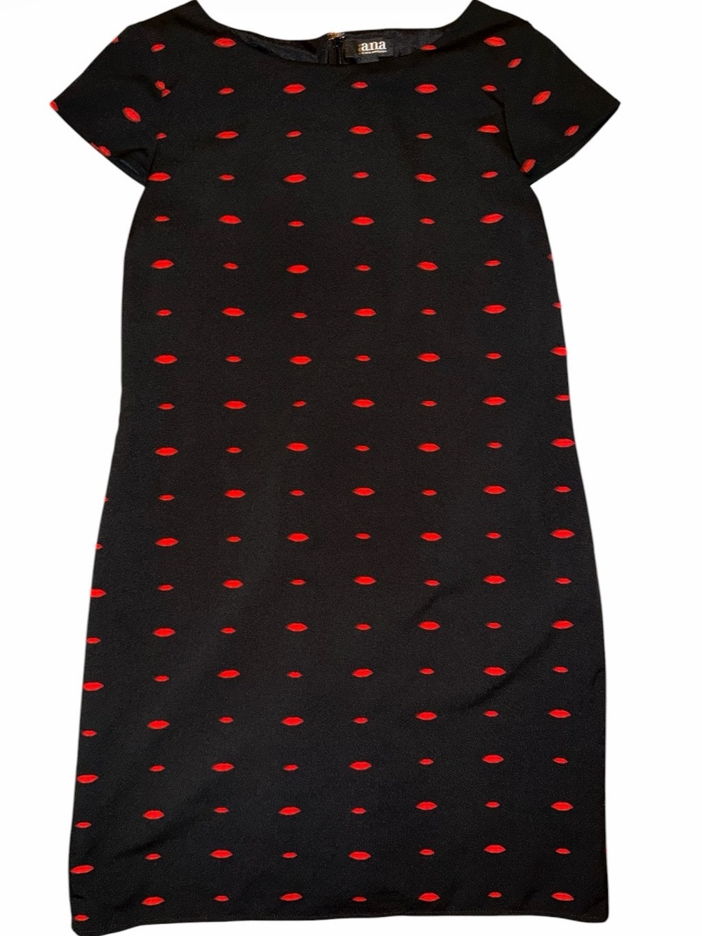 a.n.a. Black Shift Dress with Red Lip Dot Pattern and Shotrt Cap Sleeves
